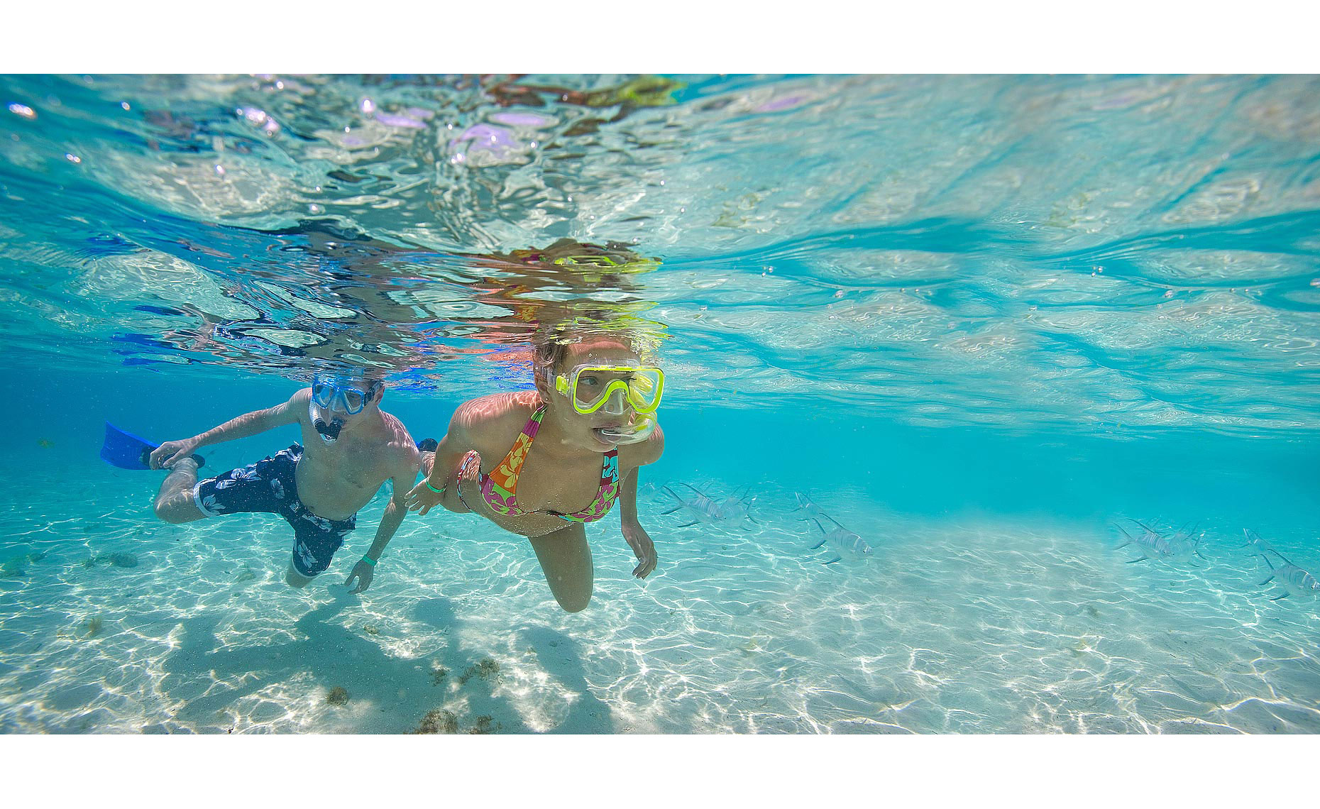 underwater view of couple snorkeling Mexico_Allegro__resort lifestyle photography_Robert-Holland